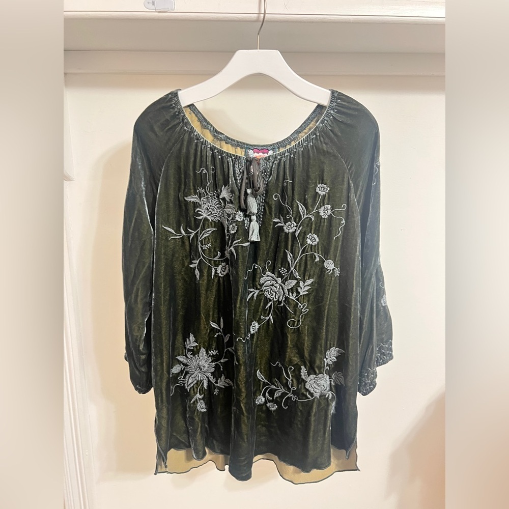 Johnny Was Olive Green Embroidered Blouse